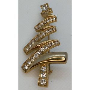 Monet Christmas Tree Pin‎ Brooch Gold Tone Rhinestones
